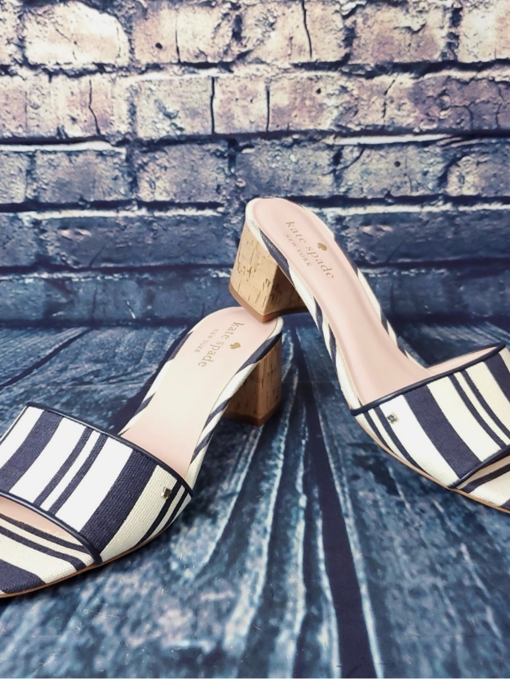 kate spade Navy and White Striped Cork Block Heel Mules Cambrey 7.5